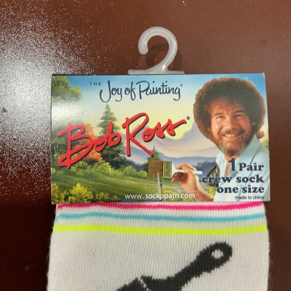 BRAND NEW Bob Ross theme novelty crew Socks -The Joy of Painting 1PR‎ Men's 8-12